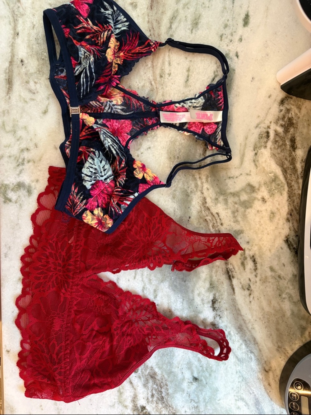 🌸 PINK Victoria's Secret Navy Floral Bralette & Red Lace Bralette